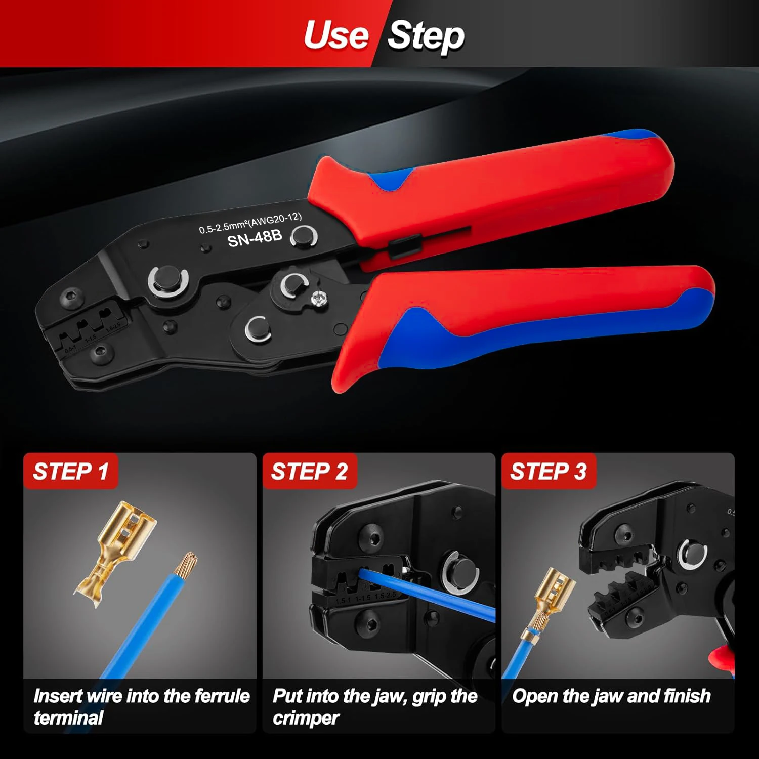 Open Terminal Connector Crimping Tool Kit,2.8/4.8/6.3mm AWG24-12 Crimper for Connectors,Male Female Spade and Ring Terminal