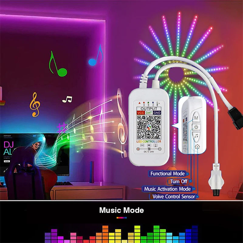 Fajerwerki LED Strip Lights Festoon Fairy Home Decoration WIFI Music Controller USB RGB Lamp Wedding Room Decor Light Strips DC5V