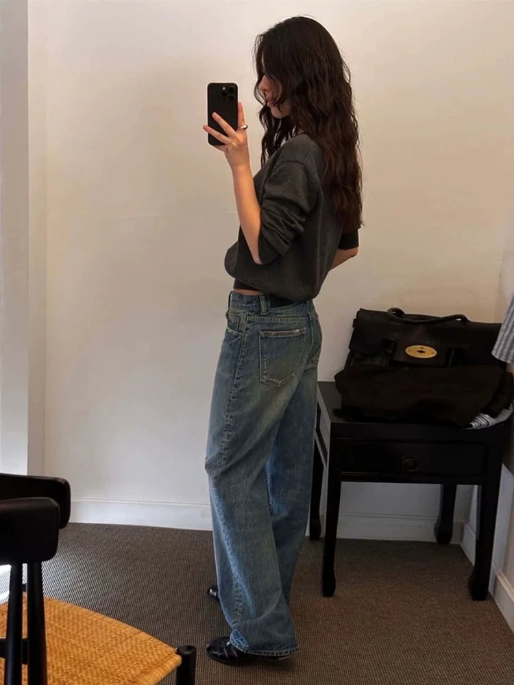Leichte Wa-Jeans mit lockerem, geradem Bein für Damen, Vintage-Stil, hohe Taille, Baumwollmischung, bequem, atmungsaktiv, für den Pendelverkehr