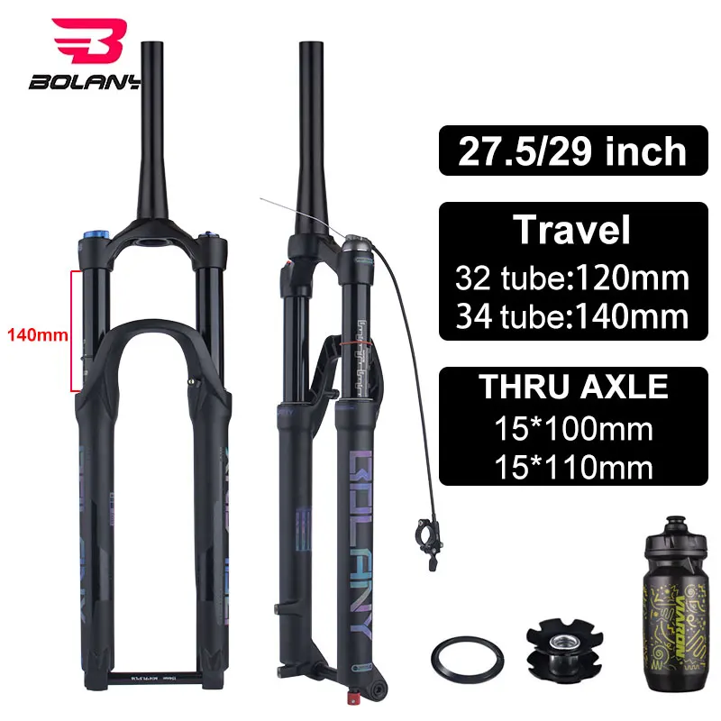 Ships From Mexico BOLANY 27.5/29inch Boost Bicycle Fork Thru Axle 34mm Tube Tapered Rebound Adjustment 120 Travel Suspension