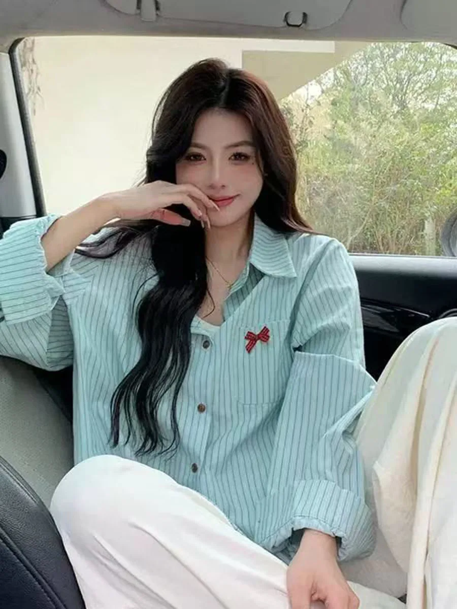 

Summer Light Blue Striped Shirt Women Long Sleeve Polo CollarButterfly Knot Pocket Casual Ladies Jacket Korean Style Loose Top