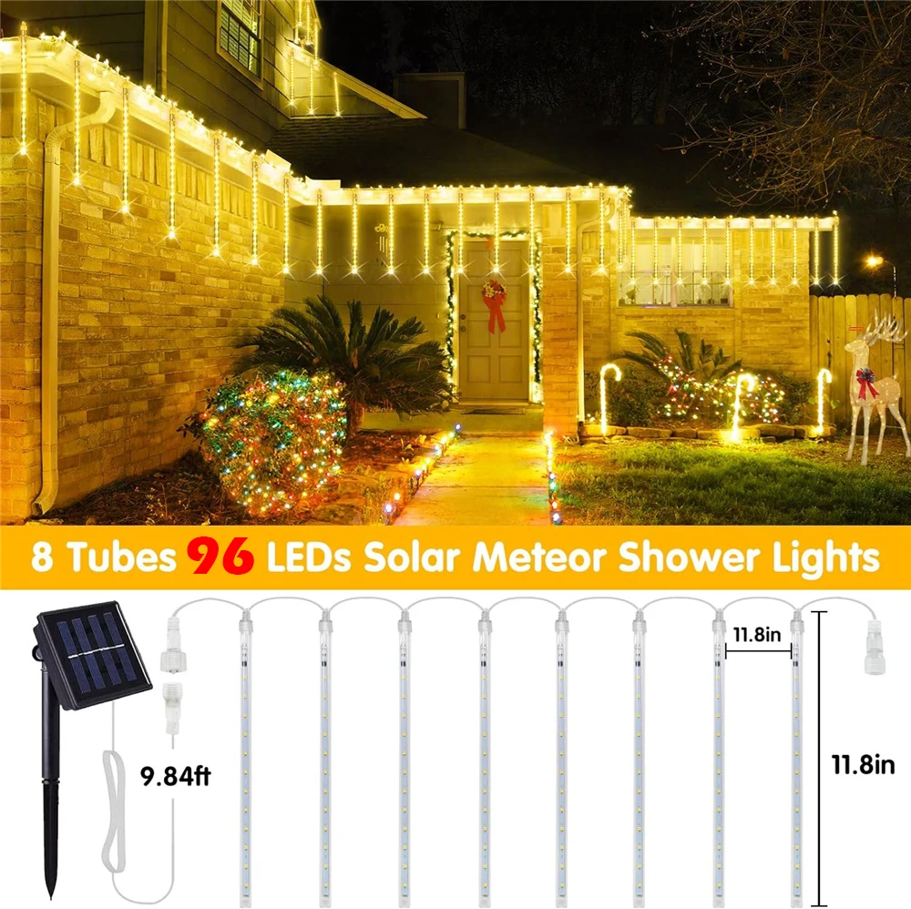 Solar Meteor Shower Rain Lights 8 Tube 30cm 96 LEDs Led Falling Rain Fairy String Light for Xmas Tree Wedding Party Decoration