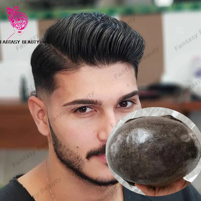 Linha fina natural 100% homens peruca de cabelo humano peruca capilar prótese durável injetado completo plutônio 0.1mm base de seda reta/onda peruca