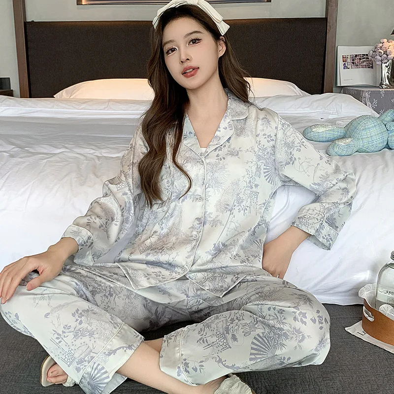 

Print Satin 2Pcs Pajamas Set Sleepwear Long-Sleeve Cardigan Pants Set Female Ice Silk Pyjamas Home Clothing