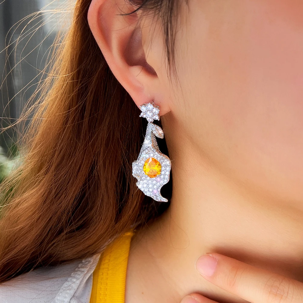 

CWWZircons Elegant Yellow White Cubic Zirconia Large Flower Leaf Long Dangle Earrings for Women Engagement Party Jewelry E1167