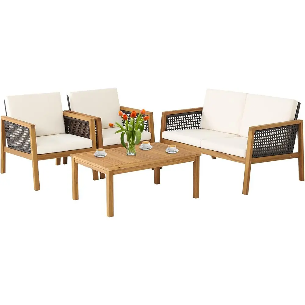 

4-Piece Outdoor Acacia Wood Furniture Set with PE Wicker, Coffee Table, and Seat Cushions for Patio, Garden, Poolside, and Backy