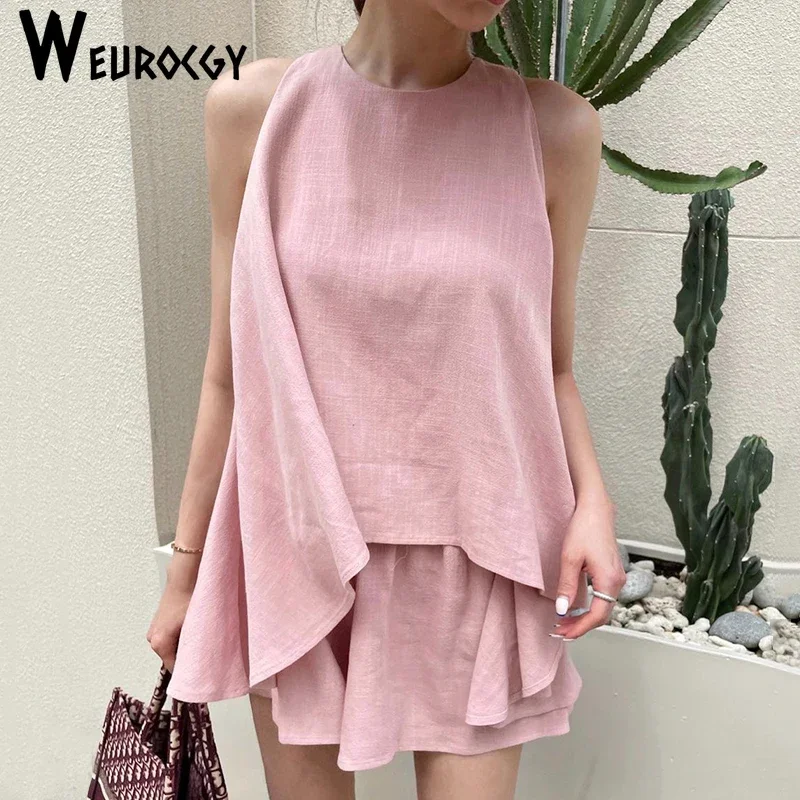 

2023 Summer New Streetwear Women Long Tops Short Korean Fashion Round-neck Solid Camis Sleeveless Casual Tanks Two Piece Sets