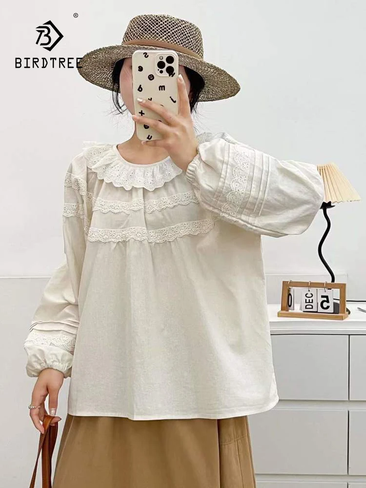 

New 2025 Fall Cotton Long Sleeve Shirt, Women Turn-down Collar Embroidery, Mori Girl French Age Reduction Loose Blouse T59246CC