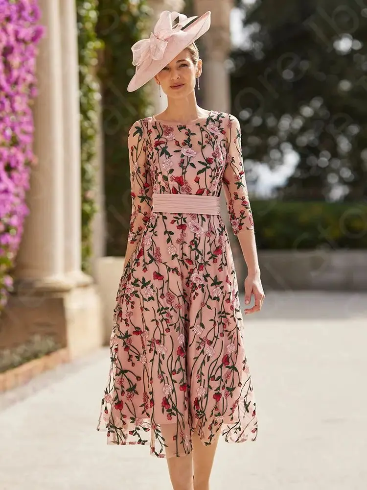 Robes mère de la mariée rose, ravissantes, longueur de thé, quelles que soient les fleurs, manches 2024, fête de mariage, quelle que soit la tension meurtrière, nouveau, 3/4