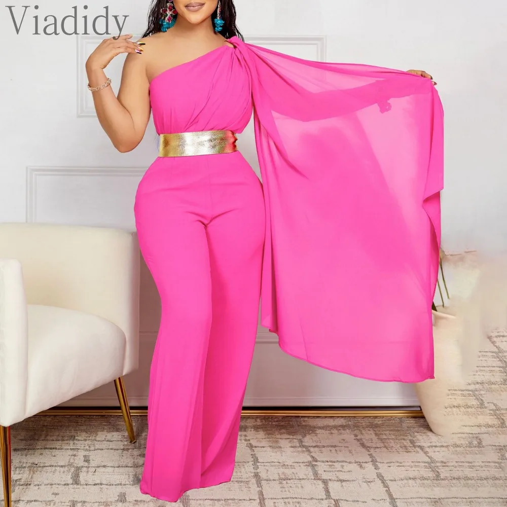 Women Elegant Solid Color One Shoulder High Waist Wide Leg Jumpsuits with Belt