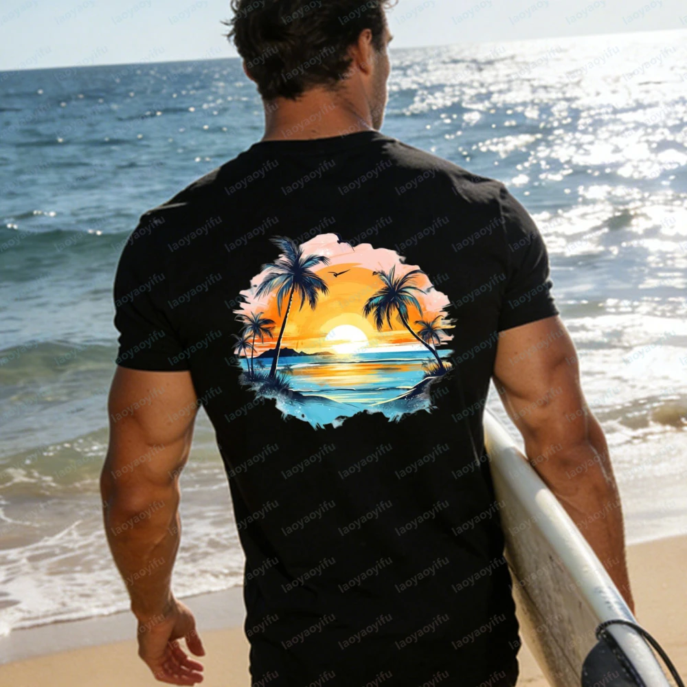 Watercolor Sunset Beach T-Shirt Women Palm Tree Ocean Graphic Tees Casual Short Sleeve Cotton Tops Summer Vacation Shirts Tops