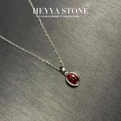 HEYYA STONE Oval Natural Garnet Pendant Necklace For Women 925 Silver Plated Simple Fine Jewelry Gemstone Classic Style