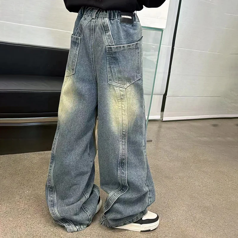 

Jeans Trousers Kids Wide-leg Denim Pants for 5 7 9 11 13 Years Children Bottoms Teenage Girls Pants Fashion Spliced Design Floor