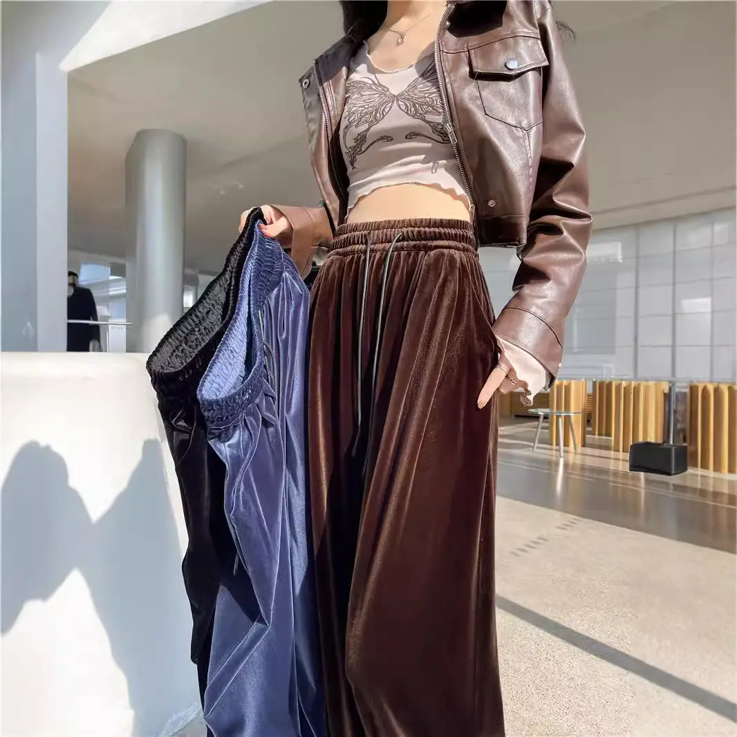 

Korea Velvet Women Autumn Winter New Wide-Leg Pant Female High Waist Long Trousers Ladies Solid Color Casual Pants