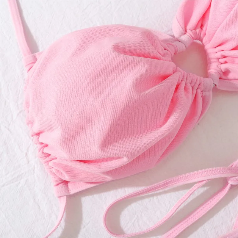 Sexy Lingerie Set Women Sheer Mesh with Halter Neck Cut Out Design 5-Piece Pink Erotic Underwear and Stockings