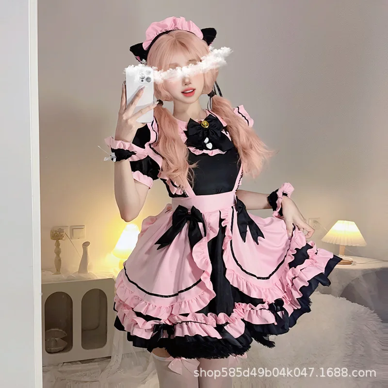 Robe Gothique Lolita JSK à Manches Courtes pour Fille, Tenue de Soirée Kawaii, avec Nministériels d, Cosplay Chats, Harajuku, Mignonne, Rose, à Volants, Noire