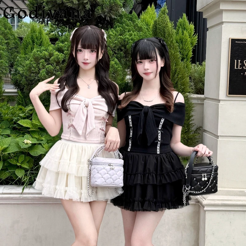 

Japanese Sweet Off-Shoulder Big Bow Knitted Top Summer New 2025 Girl's Women's Slim Fit Elegant Short Sleeve Top Mini Skirts
