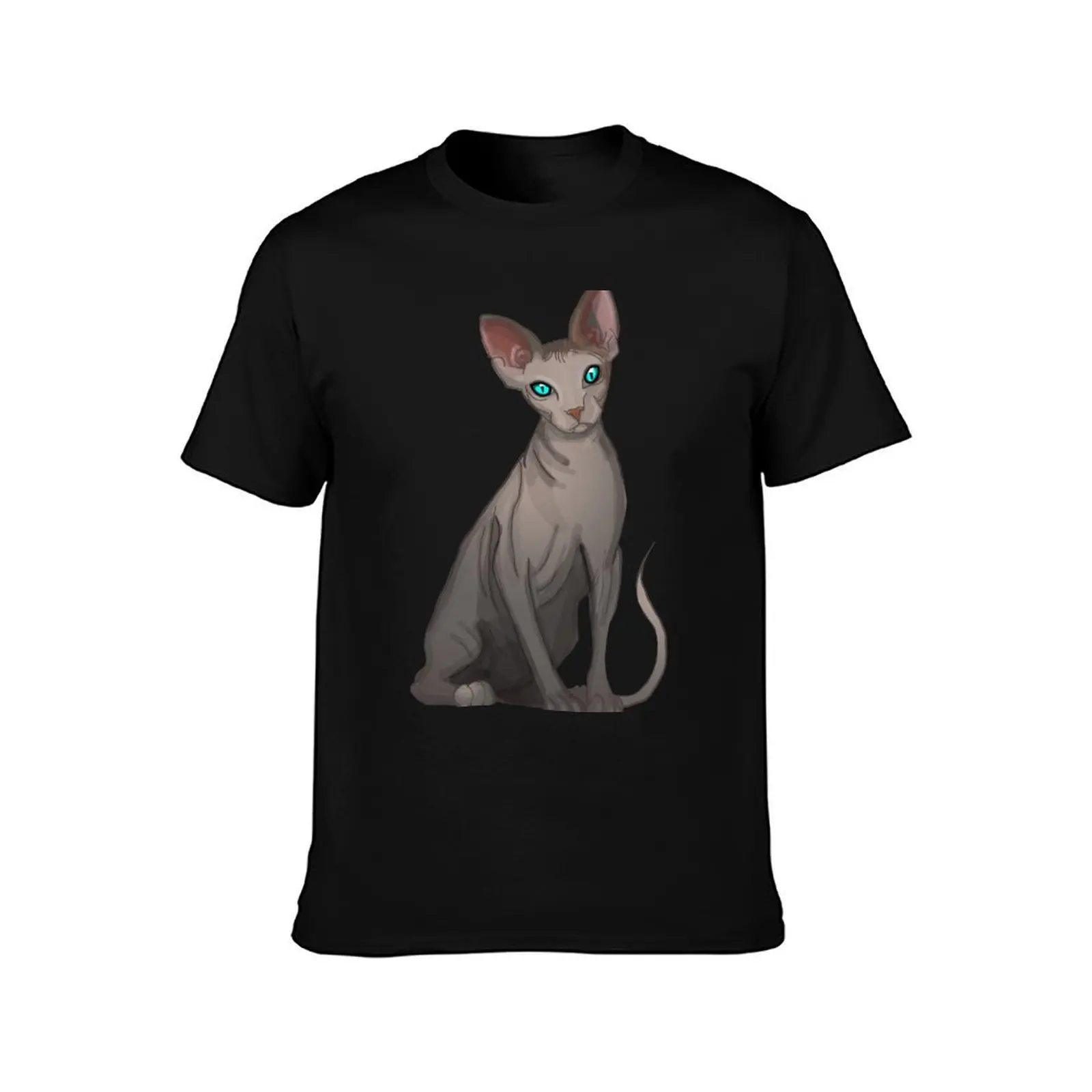 Hairless Cat Sphinx Blue eyes Grey print pink background T-Shirt, Summer Casual Cotton Tee, Oversized Streetwear Tops