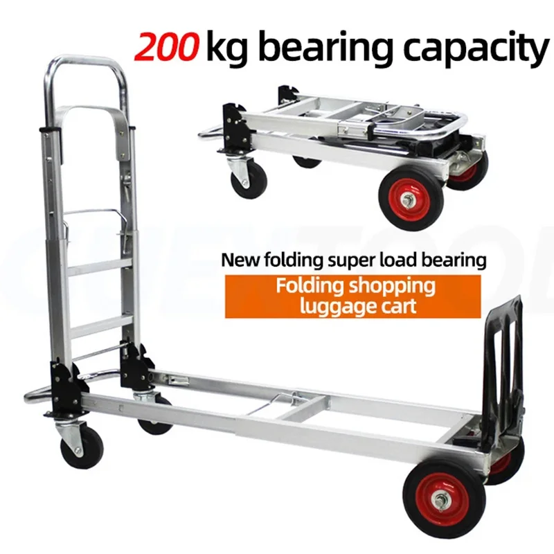 

200KG Folding Four-wheel Hand-pulled Luggage Cart Shopping Trailer Express Logistics Trolley All-Aluminum Flat Handling Cart