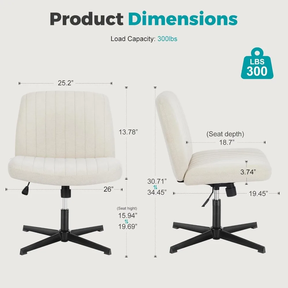 Kursi silang, kursi meja kantor kaki tanpa lengan, kursi tanpa roda, bantalan kain, kursi putar Modern, tinggi dapat disesuaikan, tengah belakang