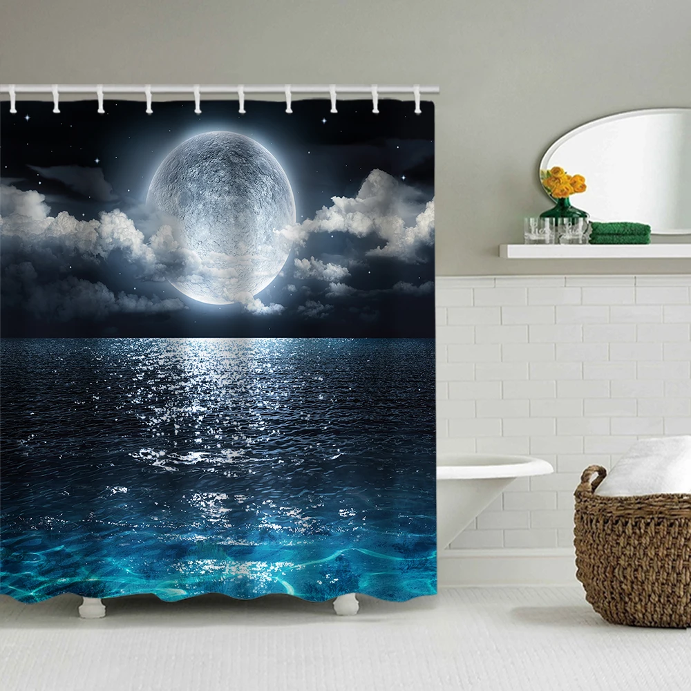 1/4 Set Sea Surface Shower Curtains, Toilet Seat Decoration, Shower Curtain with Carpet and Toilet Lid, 12 70.8x70.8 inch Hooks