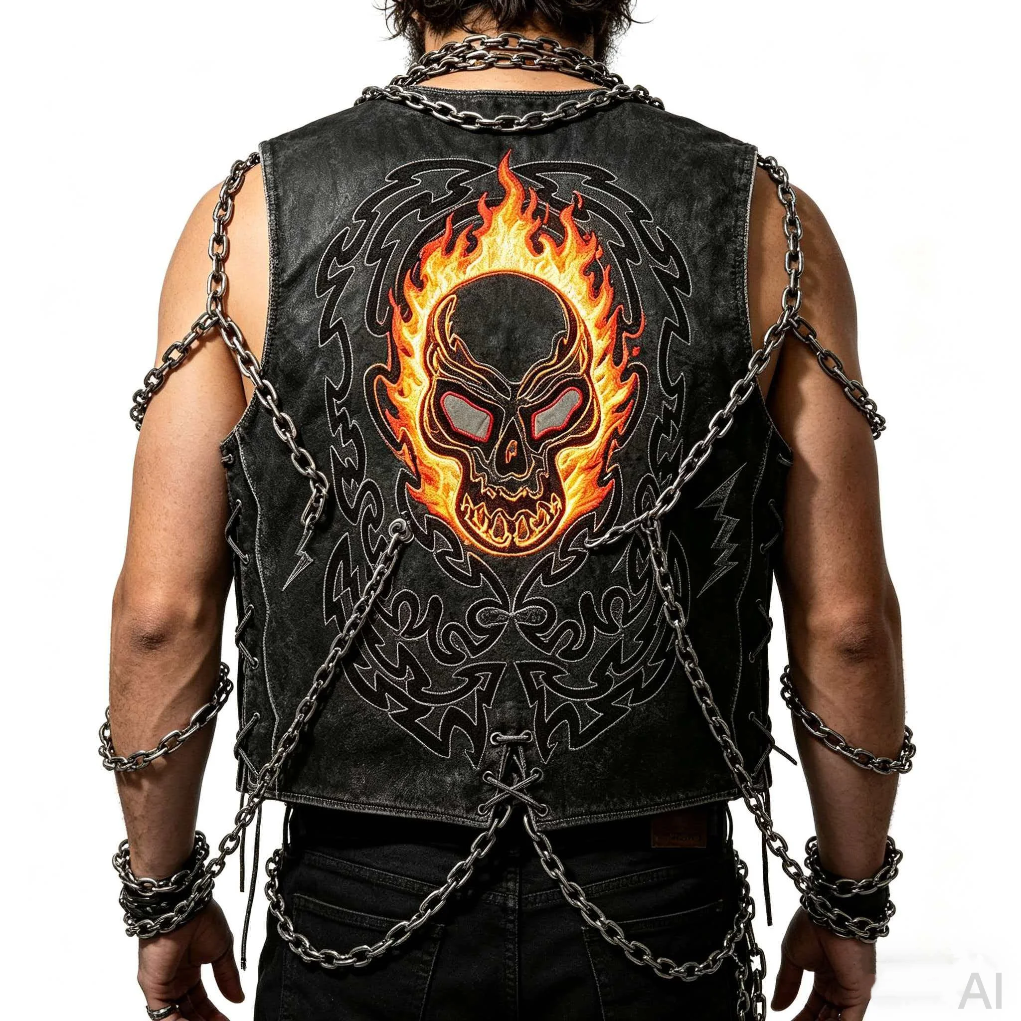 

Black Spring Leather Vest Men Vintage Style Plus Size 5XL Genuine Natural Cowhide Single Breasted Skulls Embroidery Vest
