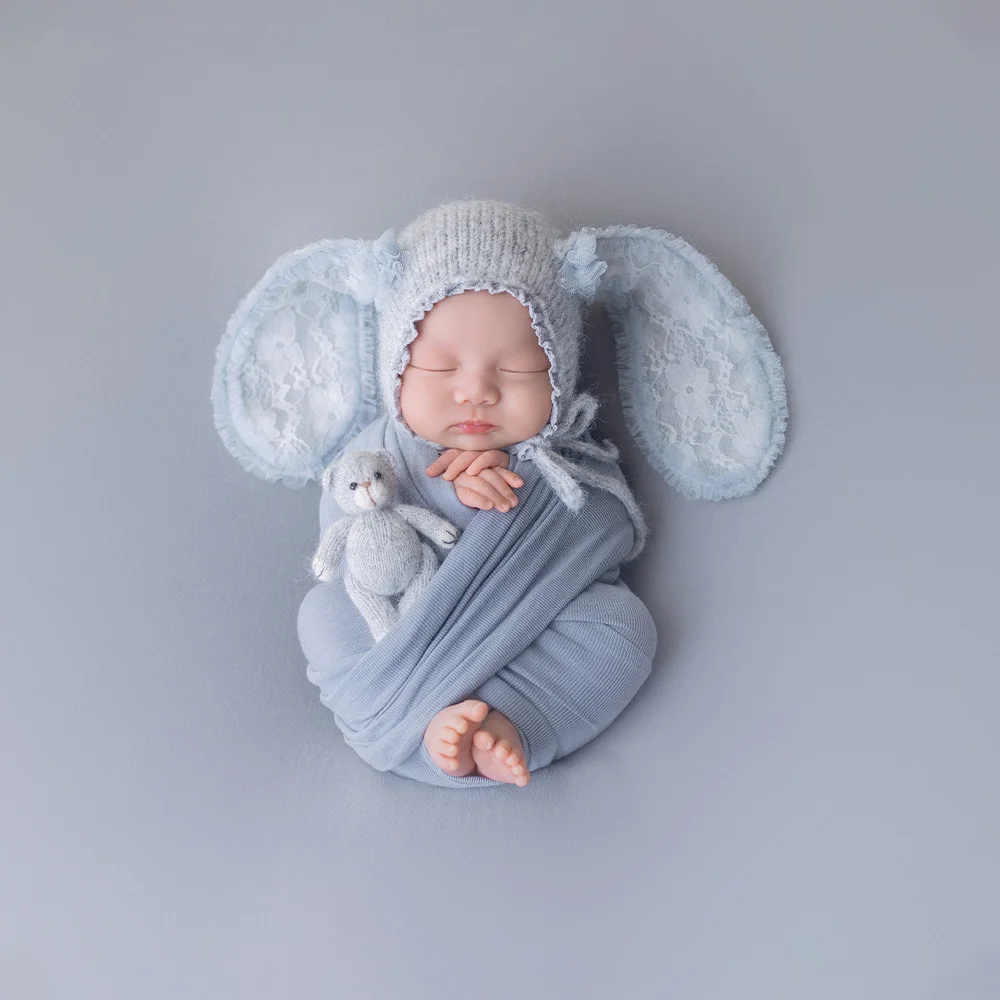 Newborn Photography Props Kit Handmade Bunny Ear Hat Baby Wrap Blanket Artificial Flower Decor Prop Infant Photo Studio Supplies