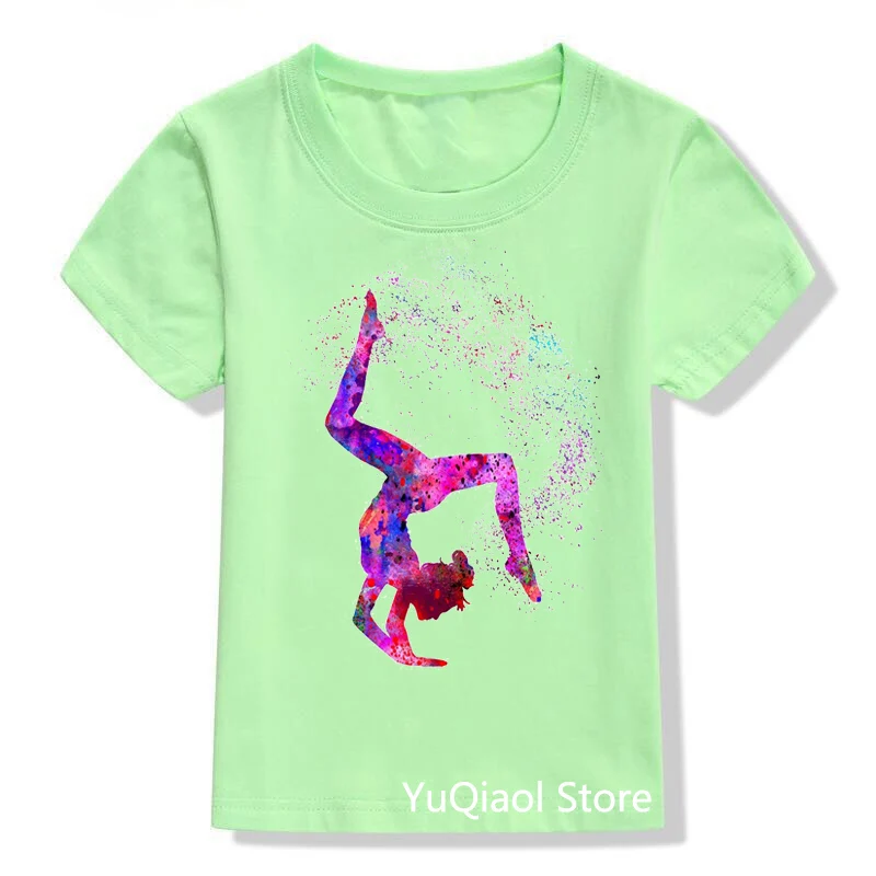 New Lovely Gilrs Clothes Summer Top Cute Pink Yellow Blue Green GYM Tee Baby Toddler Teen Kids Gymnastics Print T Shirt 3-13 Y