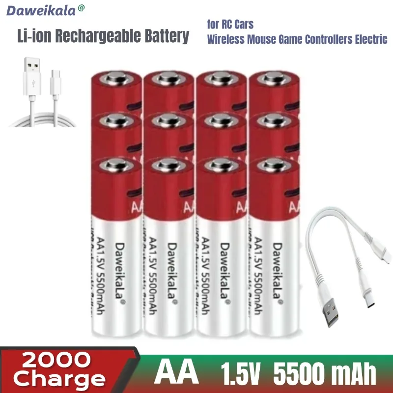 

2025 New AA USB rechargeable Li ion battery 1.5V AA 5500mah / Li ion battery watch for toys MP3 player thermometer keyboard