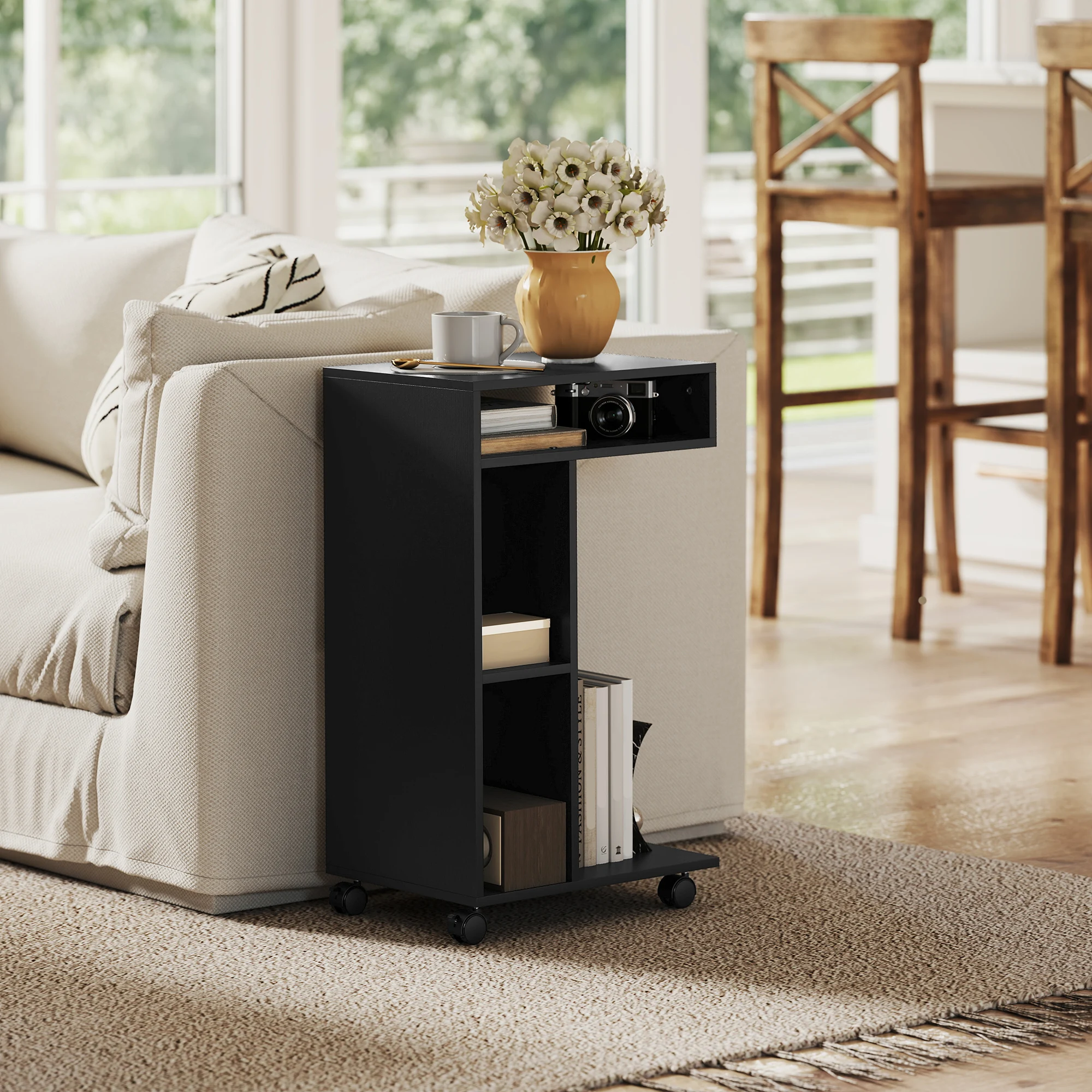 HOMCOM Beistelltisch C-Form Nachttisch mit 4 Regalen, Rollen, Couchtisch, Wohnzimmertisch Laptoptisch für Wohnzimmer Schlafzimmer 40 x 30 x 69 cm Schwarz