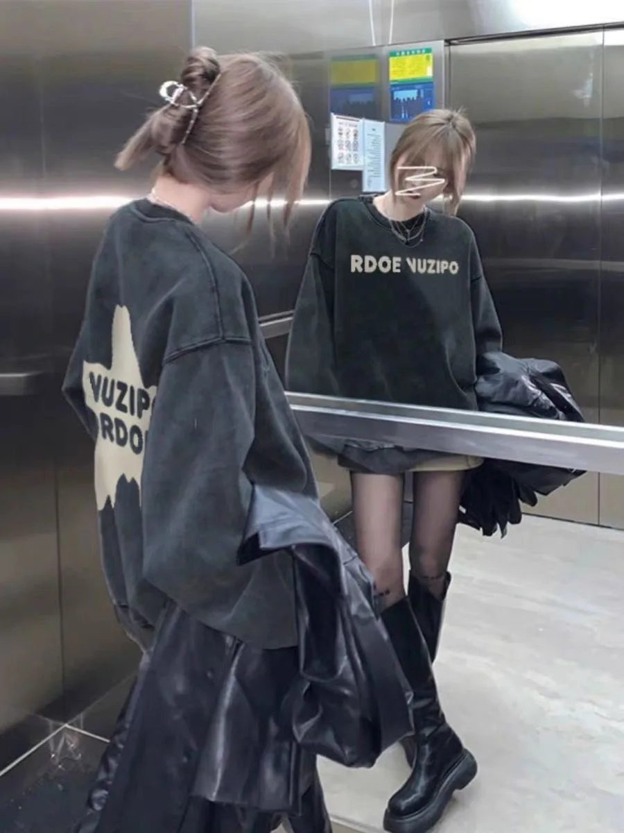 Real shot – sweat-shirt surdimensionné à col ras du cou pour femmes, style hip-hop américain, Design Vintage, Niche, tendance, haut ample, 2025