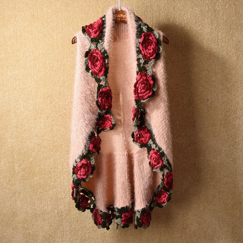 Women's Sleeveless Embroidered Rose Sweater, Mohair Knitted Wraps, Crochet, Flower, Swing, Lady, Winter, D5