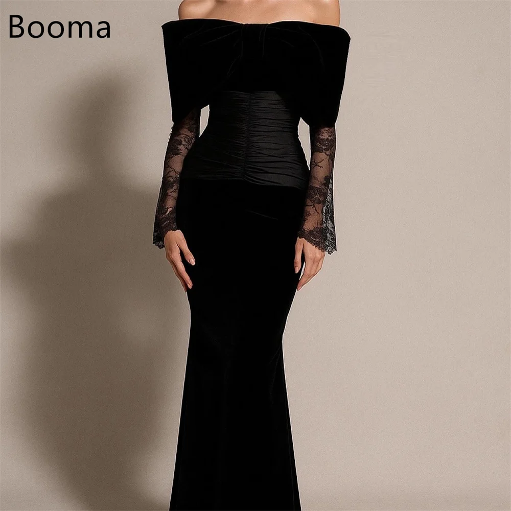 

Booma Simple Mermaid Lace Velvet Black Dresses Formal Party Gowns for Women Long Sleeve Simple Prom Gown Customize