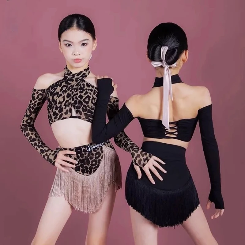 

Dance Line dance clothing Stage costume fringe skirt Leopard Latin dance competition costume tassel atin american outfit