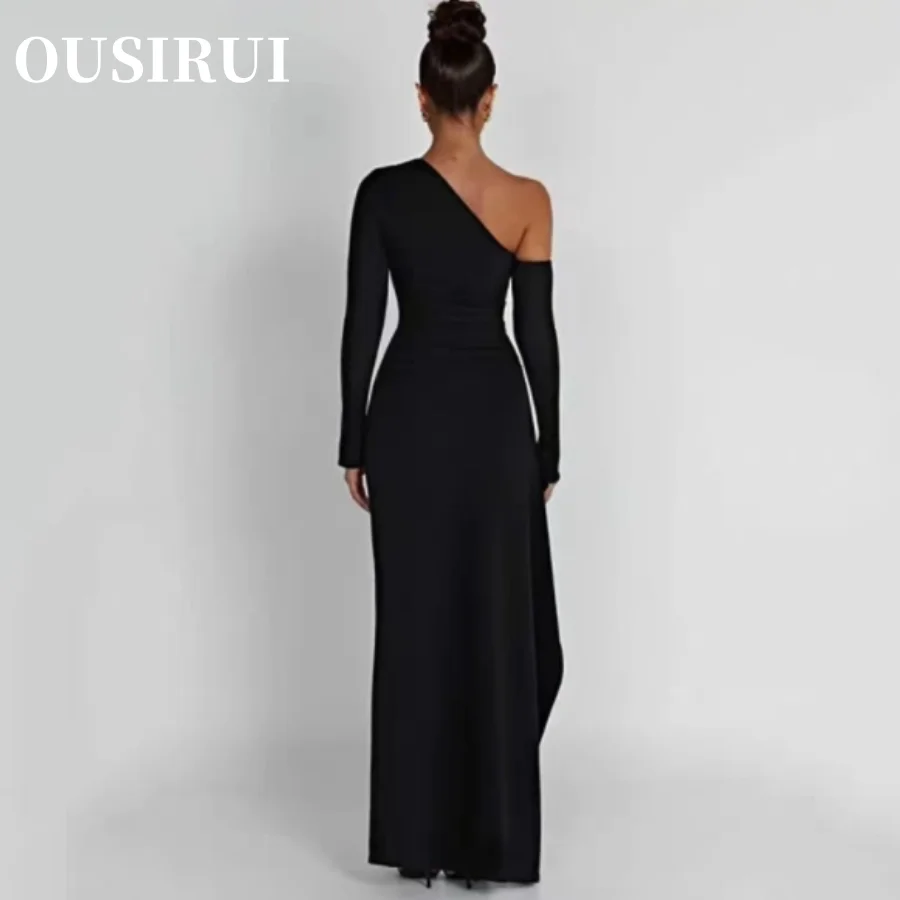 Пикантное вечернее платье с высоким разрезом, элегантное модное банкетное облегающее платье с длинными рукавами и открытыми плечами