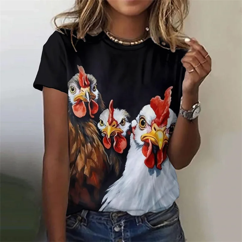 Cartoon Chicken Pattern T Shirt For Women Funny Animal 3D Printed Short Sleeves Summer Tees Oversized T-Shirts Round Neck Tops