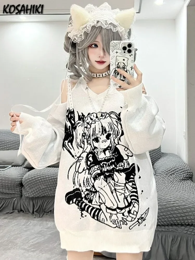 Japanese Slash Neck Knitted Gothic Grunge Pullover Loose Off Shoulder Cartoon Jacquard Sweaters Streetwear Y2k Women Pull Femme