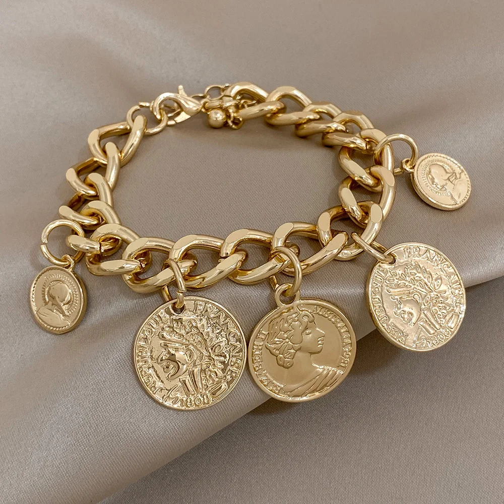 Chunky Gold Color Cuban Chain Bracelets for Women Men Vintage Punk Portrait Coins Charms Bracelet Jewelry Party Gifts