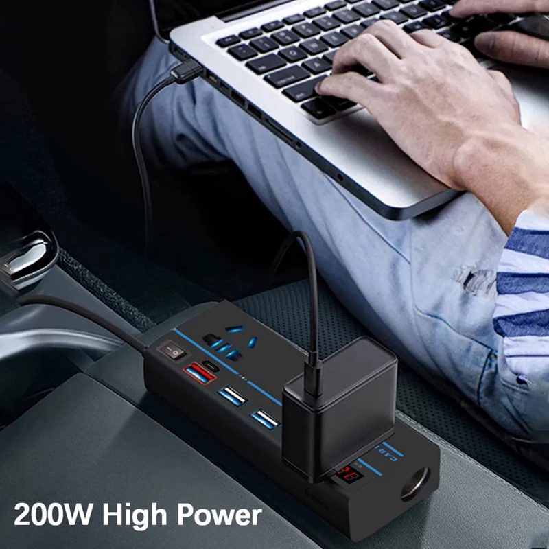 Super Sale 200W Car Inverter Power Adapter with 8 Ports QC 3.0 USB/PD/Type-C Chargers for Mobile Phones Charging