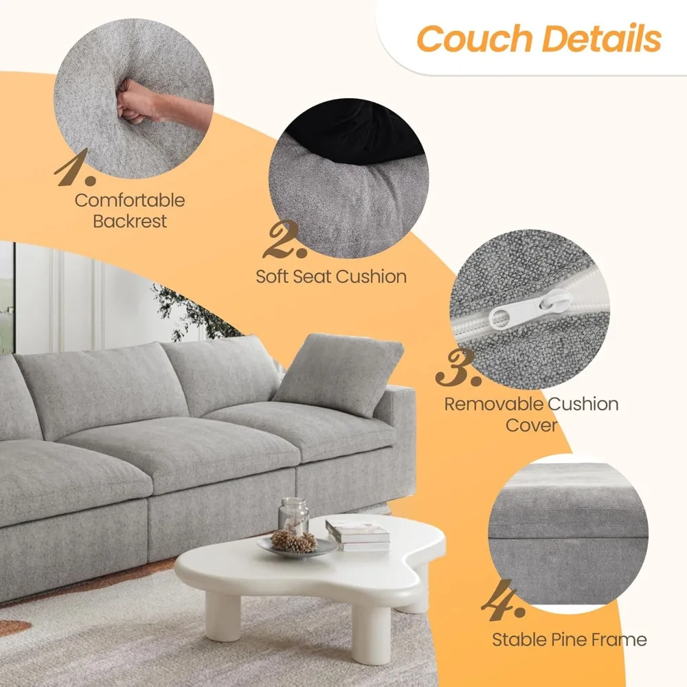 Modular Sectional Couch for Living Room, Modern Convertible Couches, 3 Seats Soft Cloud Couch, Cushion Covers Removable, Mo