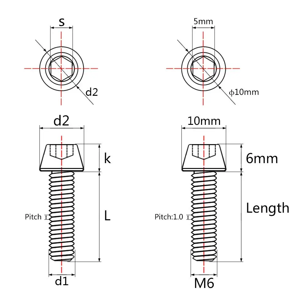 4pcs Metal M6X18 Allen Hex Screw Socket Cap Tapered Bolt M6x18mm, Allen Hex Bike Fixed Stem Screws for Mountain Bicycle