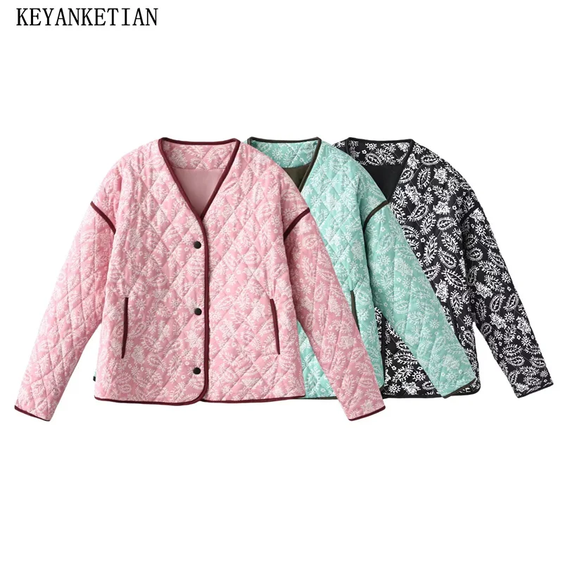 

KEYANKETIAN 2024 Winter New Women's Paisley Print Quilted Jacket Ethnic style Single Breasted V-Neck Loose Short Coat Outerwear