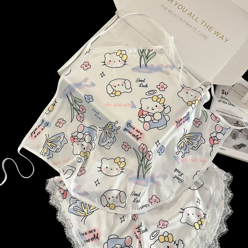

2Pcs Anime Hello Kitty Sexy Ice Silk Pajama Set Cartoon Lace Edge Vest and Shorts Pajama Women's Summer Home Suit Set Gift