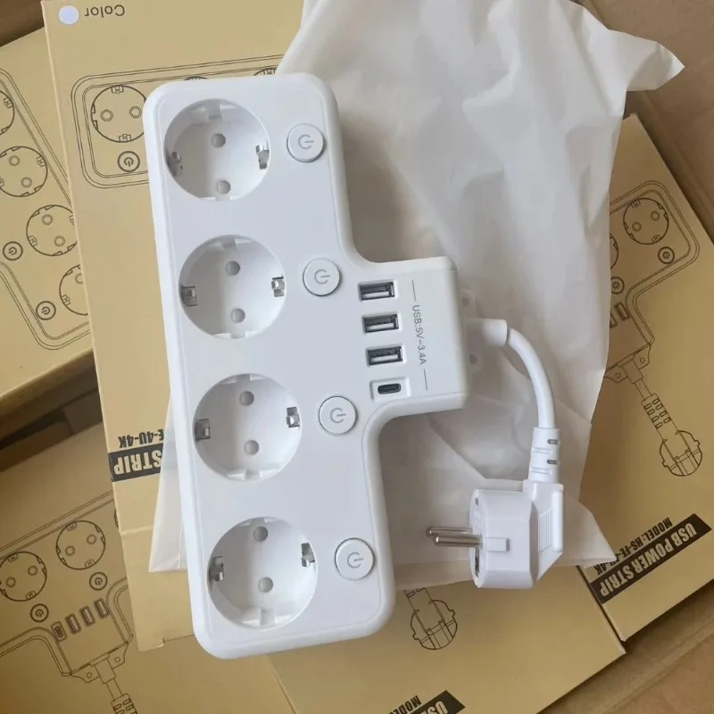 EU Standard 5‑Position Power Strip, Multi‑Function Smart Home Socket with USB & Type‑C Ports, Short Cord Design