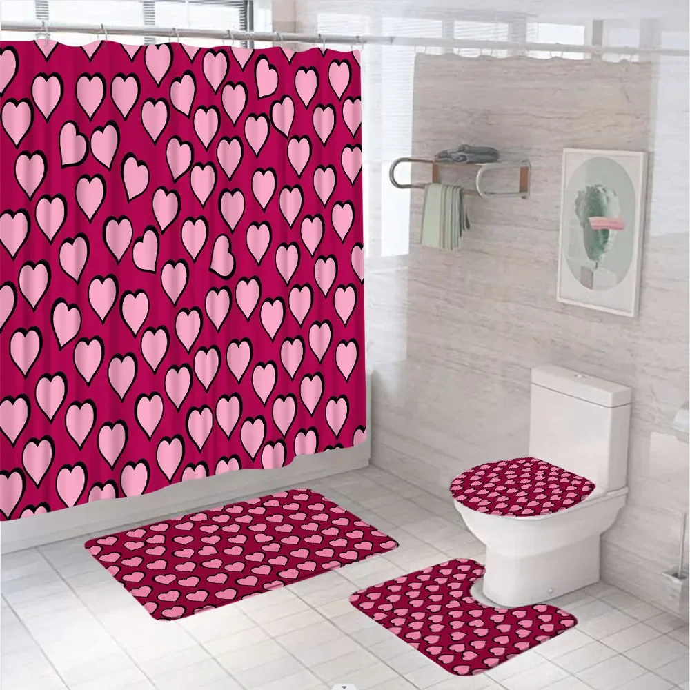 Love Hearts Shower Curtain Set Valentine's Day Wedding Gift Girl Bath Curtains Bathroom Mat Non Slip Rug Carpet Lid Toilet Cover