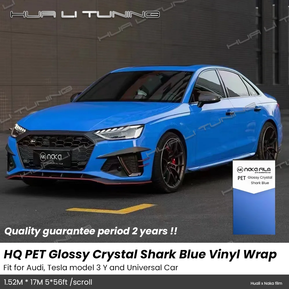 

For Audi, Tesla etc. PET Glossy Crystal Shark Blue Vinyl Wrap LowTack Glue 1.52*17M/Roll 5x56ft Air Bubble Free HQ Auto Film