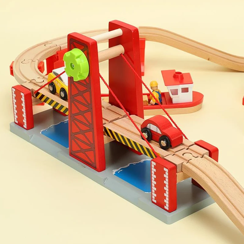 Wooden Train Track Toys Set Lifting Large Suspension Bridge Accessories Track Train Rail Transit Wooden Railway Kids Toys PD82