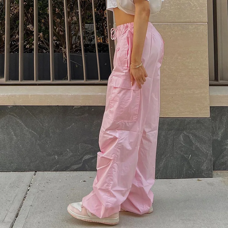 Pink Women Casual Joggers Tech Pants Oversized Solid Low Waist Baggy Trousers Fashion Wide Leg Cargo Pants Streetwear Drawstring