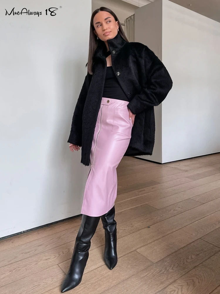 Mnealways18 Pink Faux Leather Fashion Skirts Women's Midi Skirt Zipper Irregular Split PU Skirts Straight Fall Warm Skirt Office