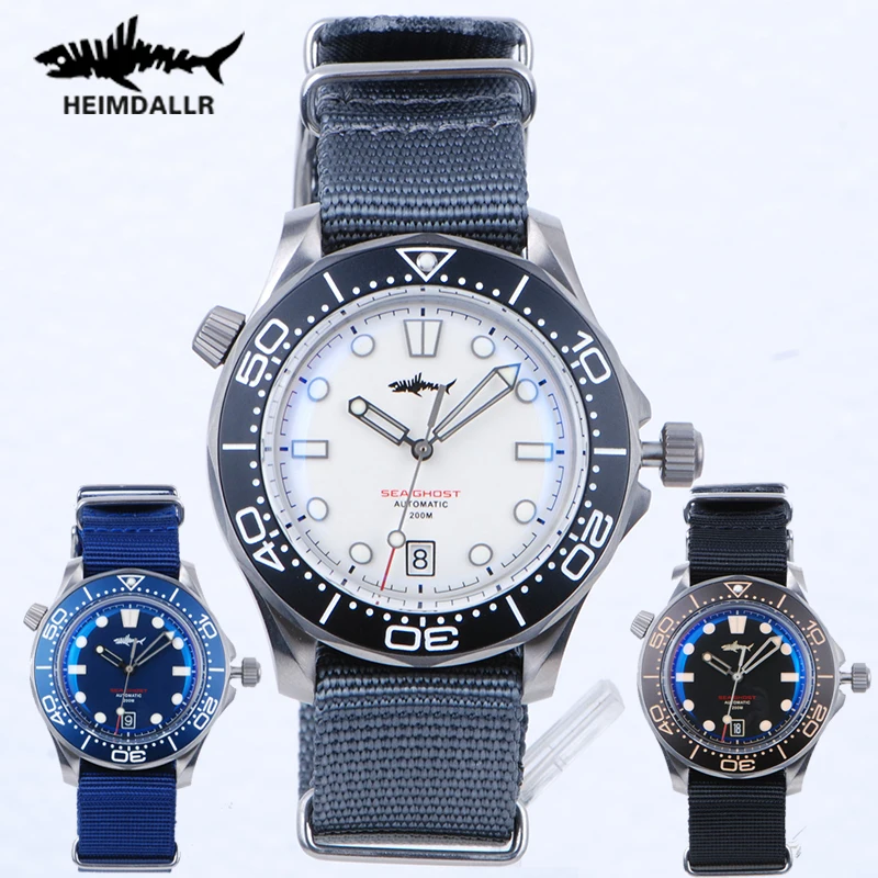 Heimdallr Watch Titanium Sea Ghost NTTD NH35 Automatic Mechanical C3 Luminous Steel Nylon Black Dial 200M Dive Watches Men